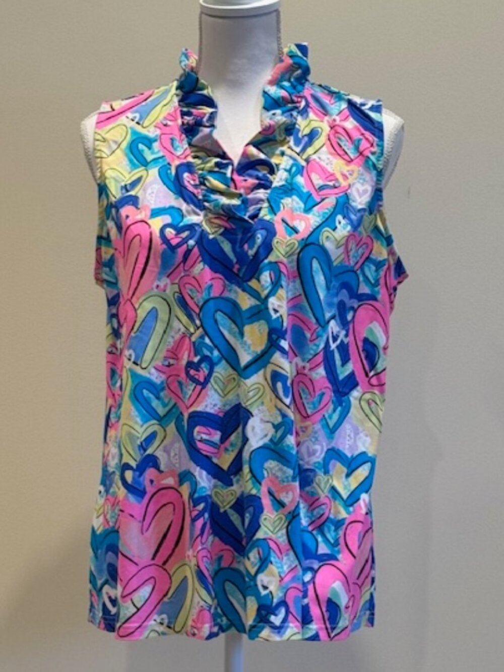 Lulu B UPF 50+ Sleeveless Ruffle Collar Top Hearts Print